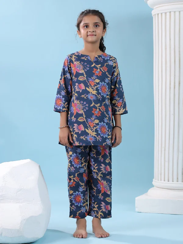 Blue Flower Printed Night Suit Set