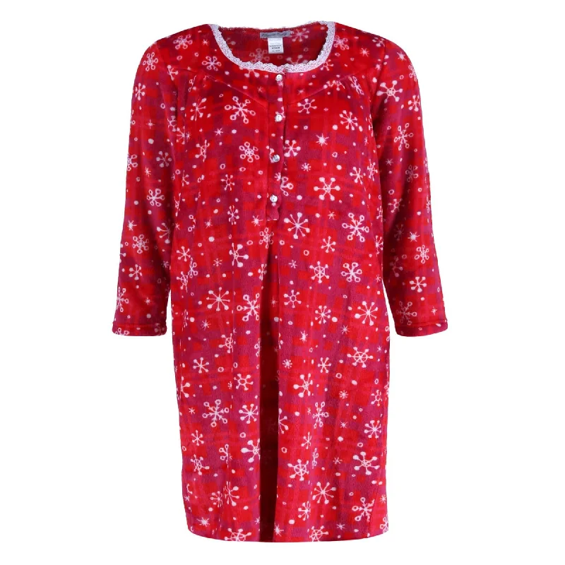 Elegant Emily Women's Plush Red Snowflake Plaid Sleep Gown