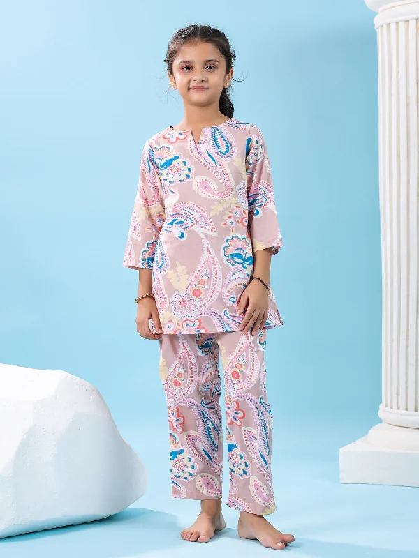 Pink Flower Printed Night Suit Set