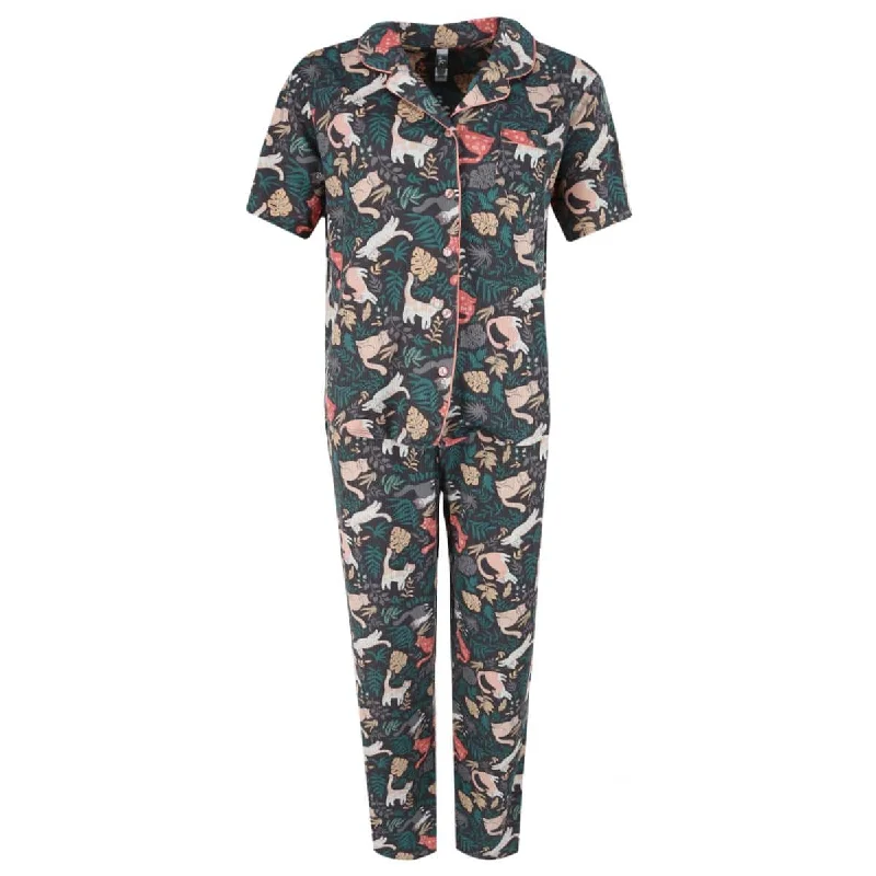 PJ Couture Women's Tropical Cats Short Sleeve Notch Collar Pajama Set