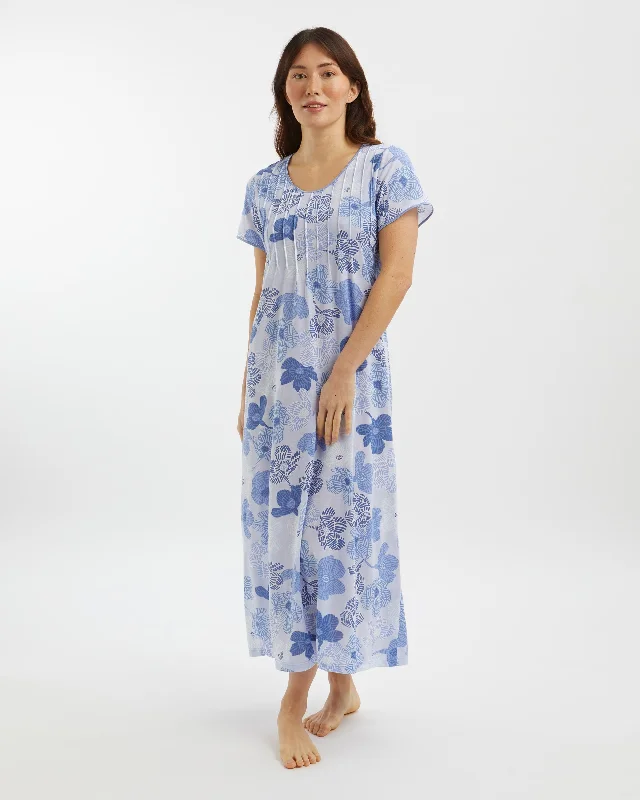 Women's French Pleat Short Sleeve Jersey Nightdress - Rosa Floral Blue