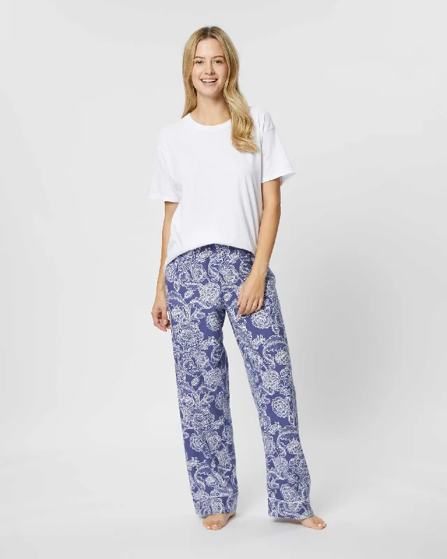 Women's Brushed Cotton Pyjama Trousers - Paisley Flower Blue