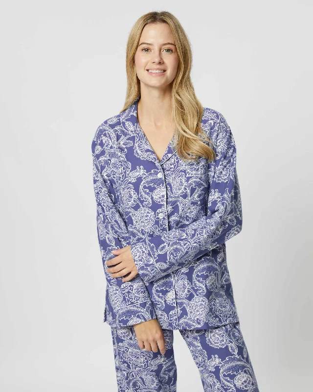 Women's Brushed Cotton Pyjamas - Paisley Flower Blue