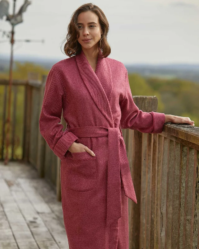 Women's Silk-Lined Wool Robe - Pink Herringbone