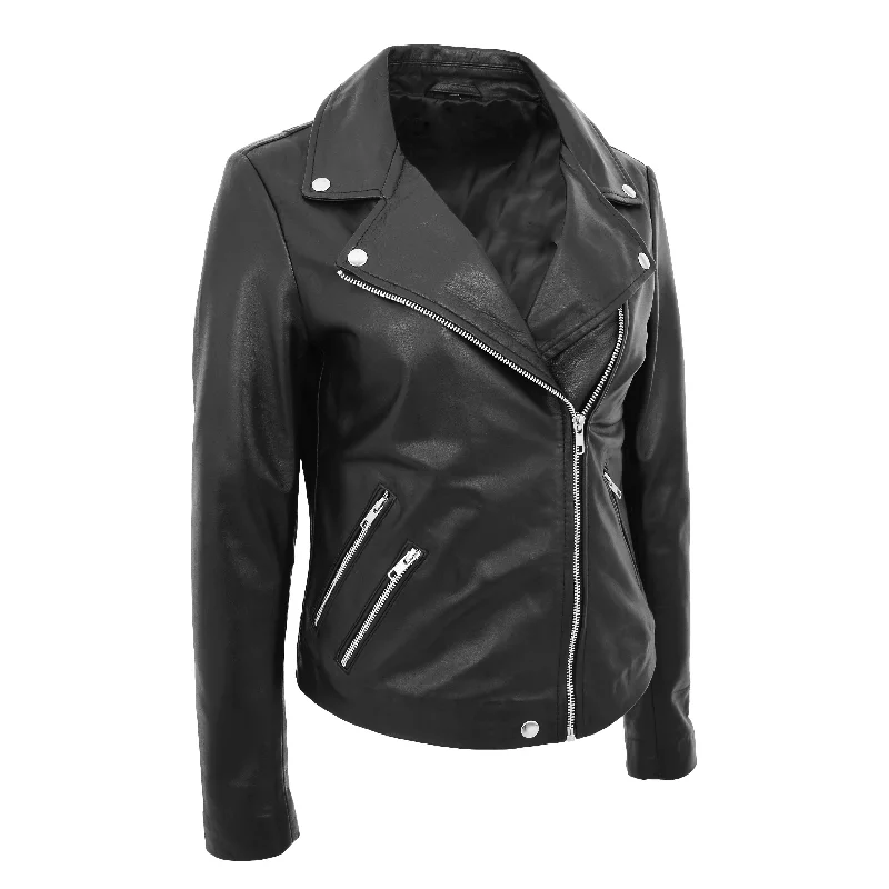 Ladies Real Leather Jacket Zip Fasten Fitted Biker Style Coat Sadie Black