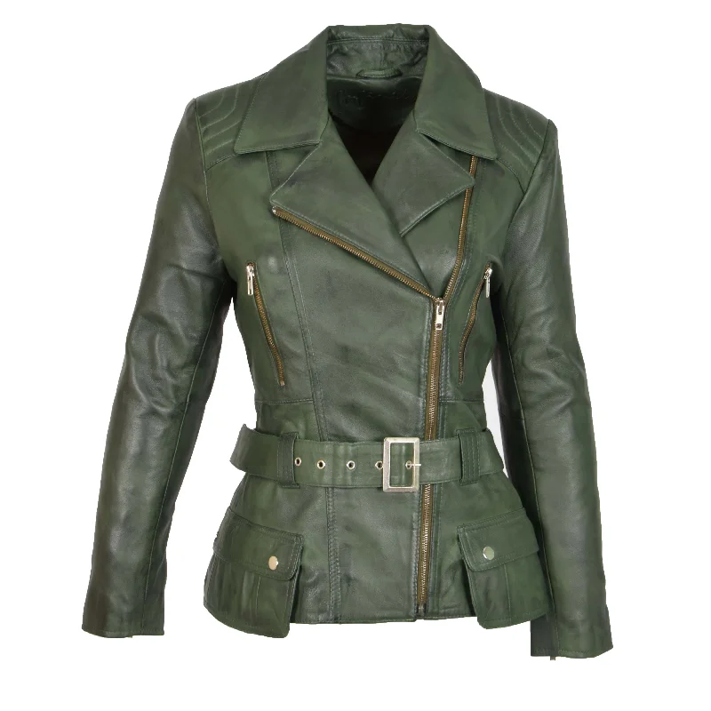 Womens Biker Leather Jacket Slim Fit Cut Hip Length Coat Coco Green