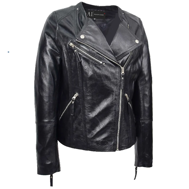 Womens Coat Genuine Leather Biker Jacket Cross Zip Cora Black