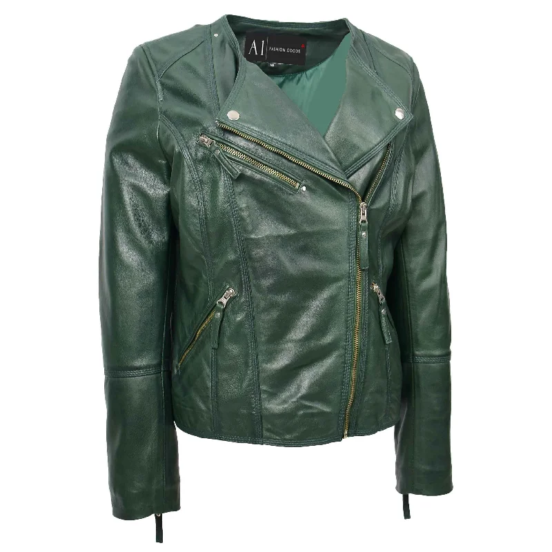 Womens Coat Genuine Leather Biker Jacket Cross Zip Cora Green