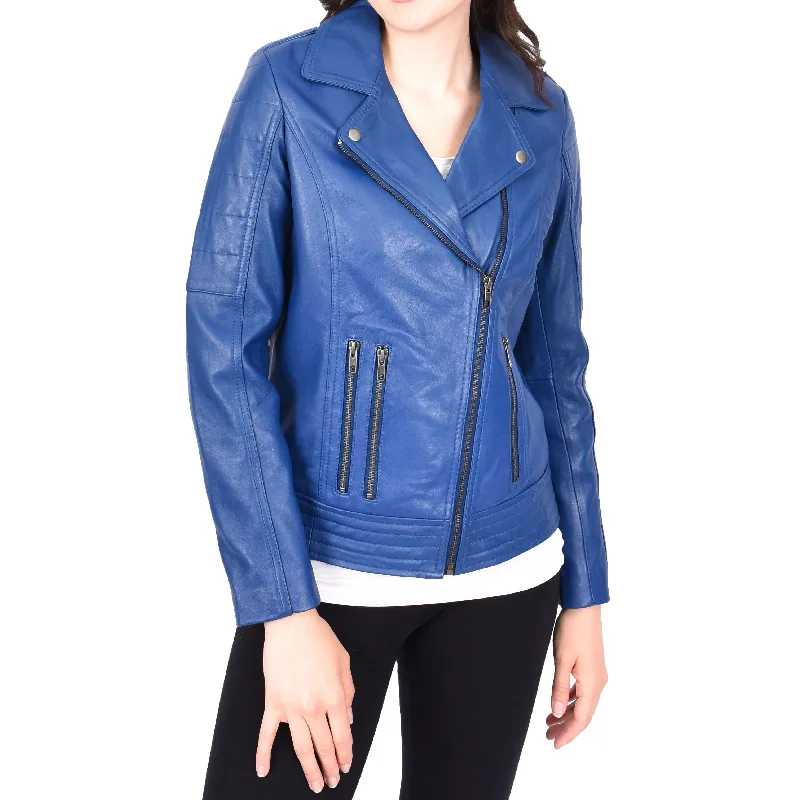 Womens Genuine Soft Blue Leather Biker Style Jackets Fitted Zip Fasten Wendy