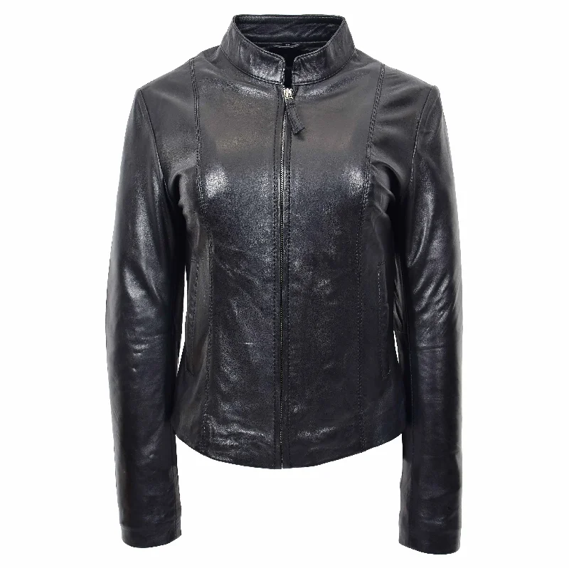 Womens Leather Jacket Soft Black Fitted Classic Biker Style AlS1