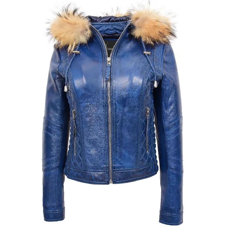 Womens Real Leather Biker Style Jacket Removable Hood Fitted Quilted Ally Blue