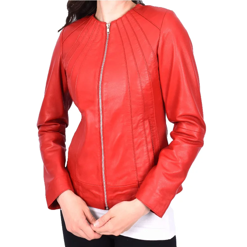 Womens Real Red Leather Jacket Collarless Round Neckline Casual Fitted Zip Fasten Biker Style Melody