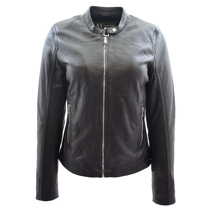 Womens Soft Leather Biker Jacket Fitted Trendy Stylish Zip Fasten Emery Black