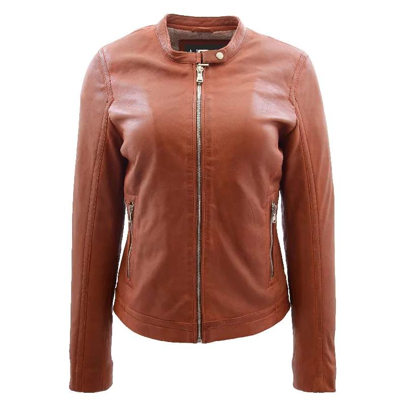 Womens Soft Leather Biker Jacket Fitted Trendy Stylish Zip Fasten Emery Timber