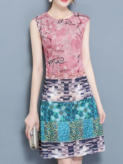 Crew Neck Printed Sleeveless Elegant Dress