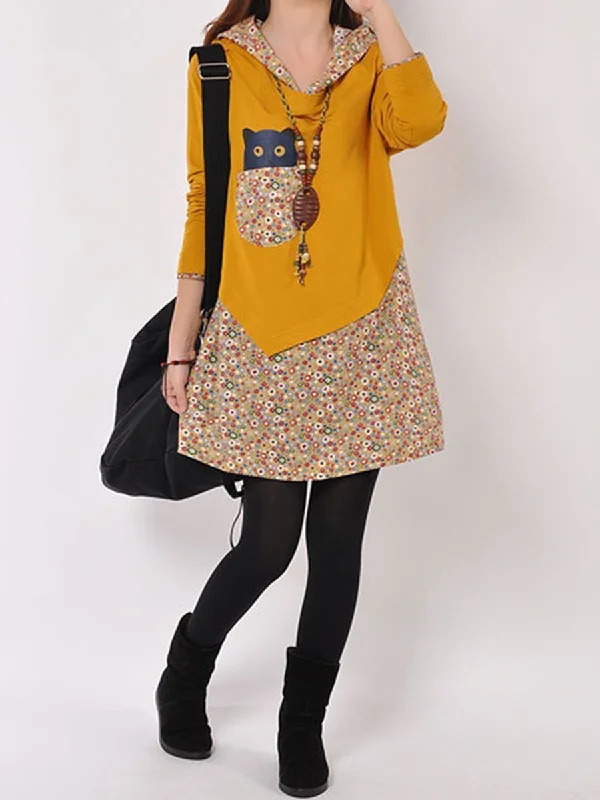 Cute Printed Hooded Mini Shift Dress