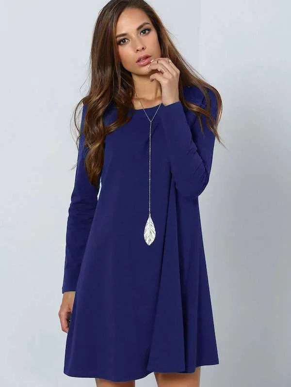 Fashion Pure Round neck Long sleeve Shift Dresses