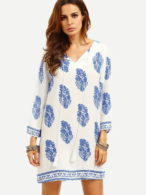 Leaf Print Tassel Tie Neck Dress