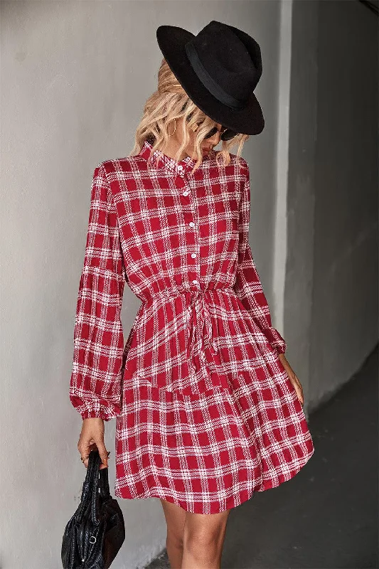 Plaid Band Collar Drawstring Shirt Mini Dress