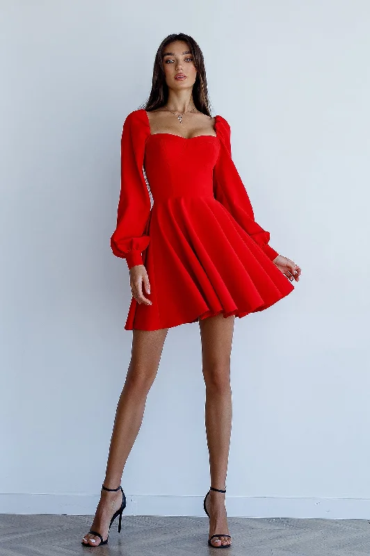 Red Backless Puff Sleeve Mini Dress