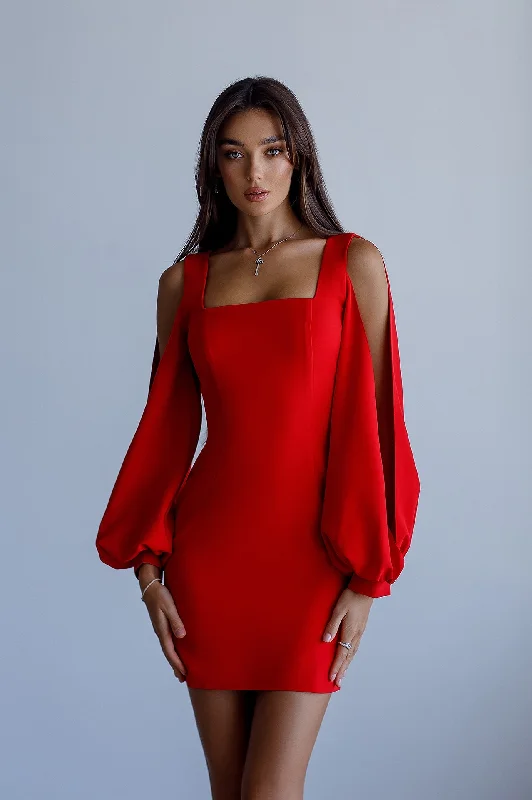 Red Square Neck Сut-Out Sleeve Mini Dress