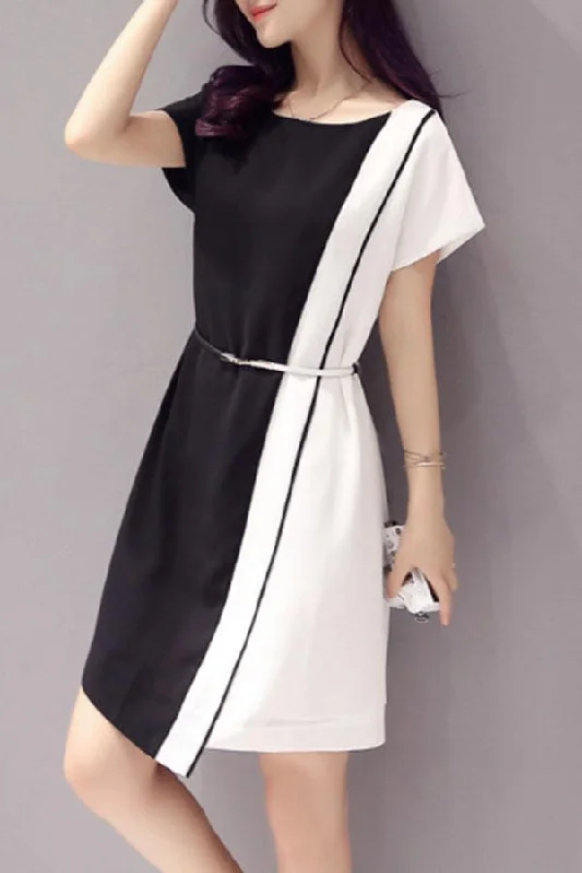 Round Neck  Asymmetric Hem  Patchwork Belt  Plain Casual Dresses