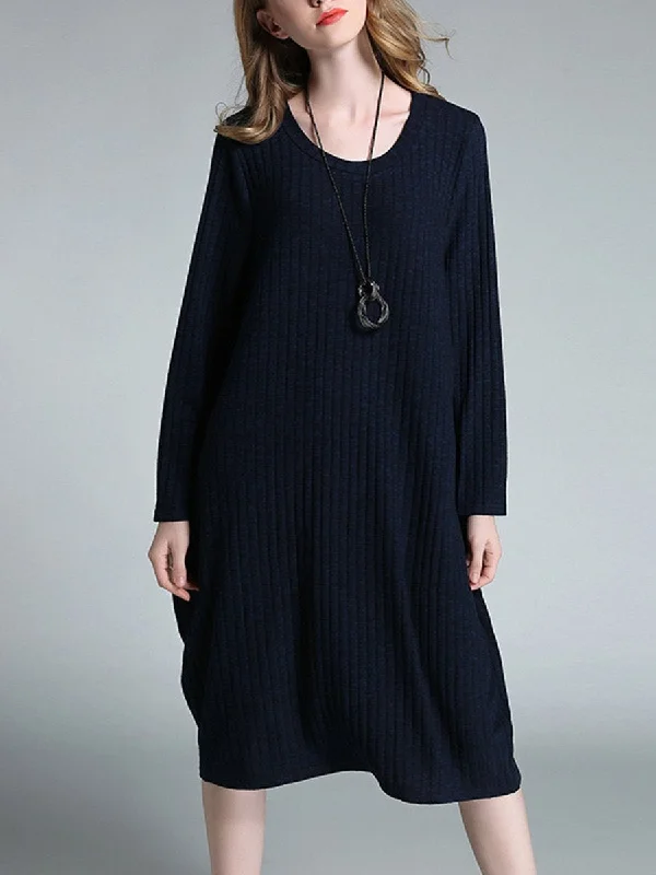 Round Neck Long Sleeve Woman Plain Daily Casual Shift Dress