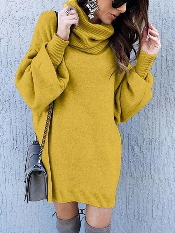 Stylish plain long sleeve high neck shift dresses