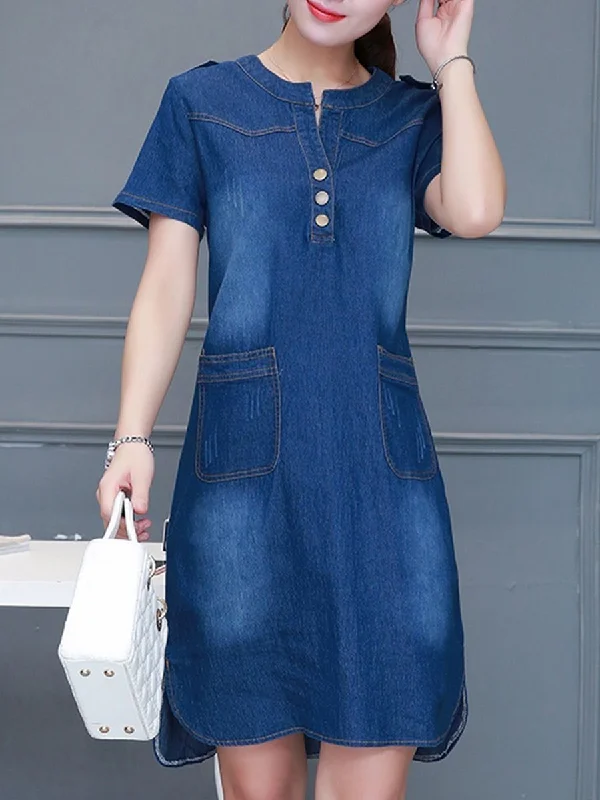 Denim Round Neck Simple Shift Dress