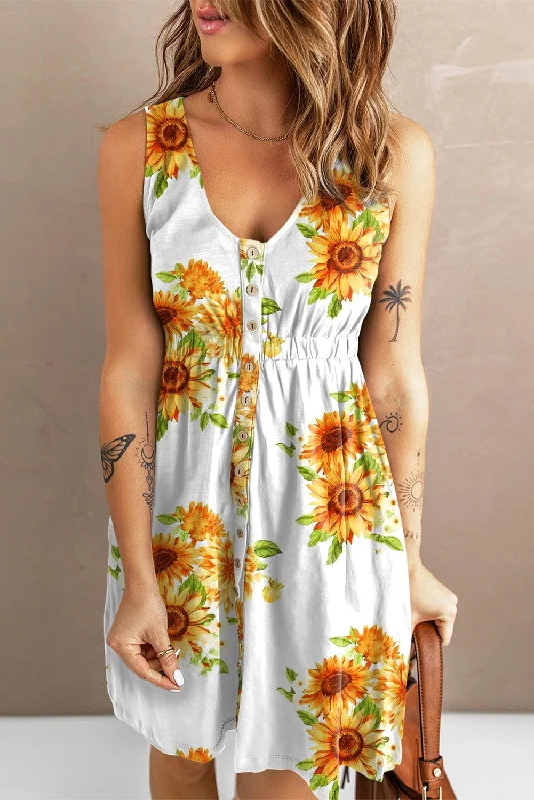 Sunflower Print Button Down Sleeveless Mini Dress