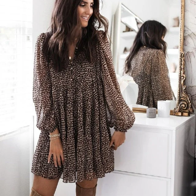 Women Lantern Sleeve Dot Print Ruffles Casual V-neck Long Sleeve Button Party Mini Dress