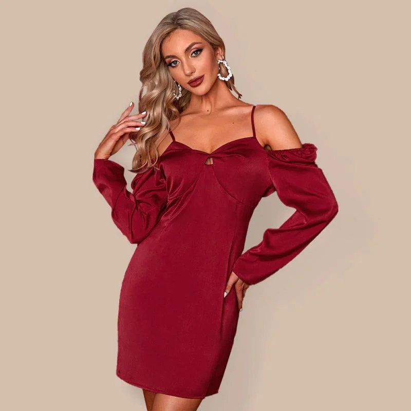 Women’s Silky Off The Shoulder Puffed Sleeve Mini Dress