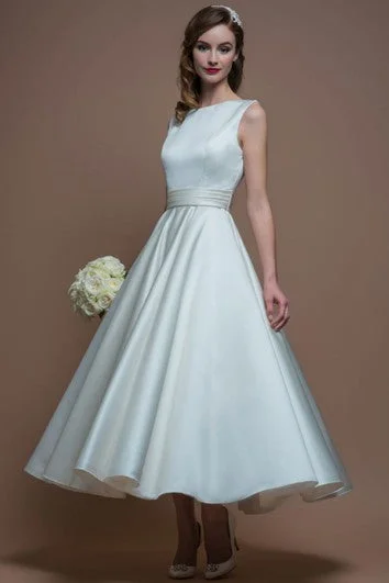 A-Line Jewel-Neck Sleeveless Tea-Length Satin Wedding Dress With V Back