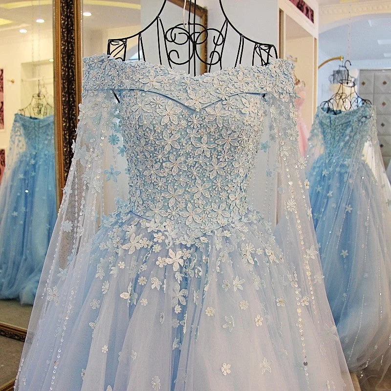 A-line Off Shoulder Blue Lace Handmade Flowers Wedding Dress Lace Off Shoulder Prom/Evening Gowns