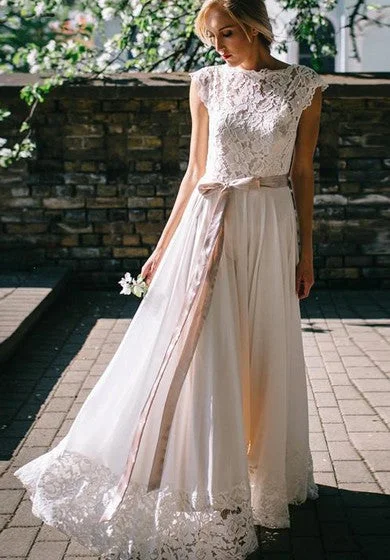 Bohemian Bateau A Line Chiffon and Lace Floor-length Short Sleeve Wedding Dress with Ribbon