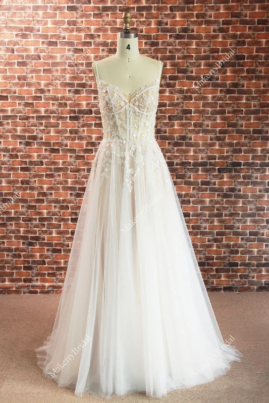 Boho See Through Lace Wedding Dress With 3D beaded Flowers