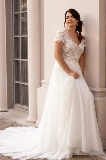 Casual A Line Bateau Lace Court Train Wedding Dress with Ruching