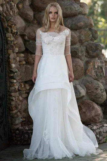 Chiffon Tulle Lace Button Back Wedding Dress