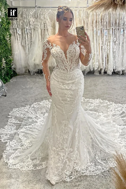 30594 - Elegant Long Sleeves V-Neck Lace Appliques Trumpet Wedding Dress