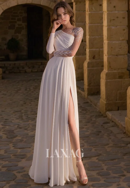 A-Linie Long Sleeves Tulle Beaded Elegant Wedding Dress with Slit and Train