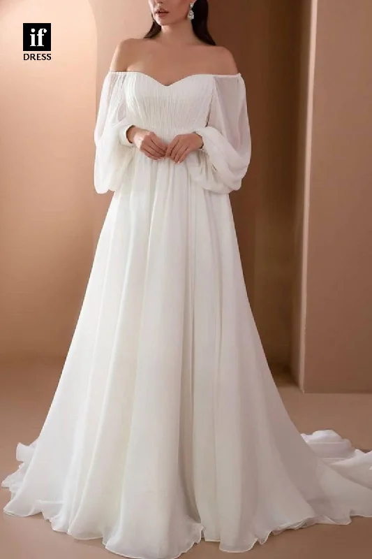 71102 - Elegant A-Line Long Sleeves Ruched Bohemain Wedding Gown with Train