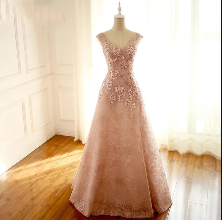 Floor-length V Neck Long Blush Pink Bridal Dresses, Pretty Elegant Most Popular Lace Wedding Dresses, WD0272