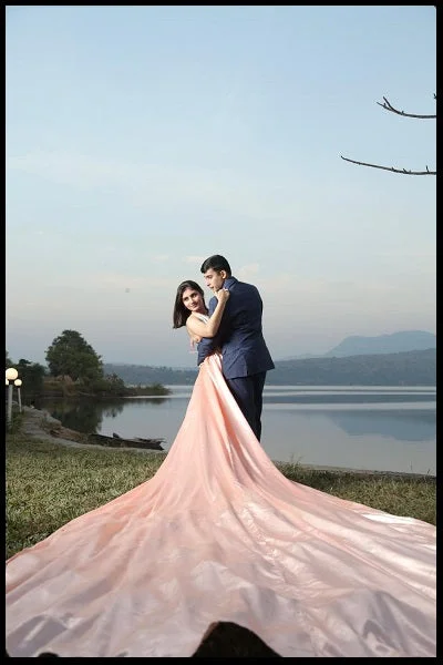 G224,Peach Satin Long Trail Prewedding Shoot Gown, Size(All)