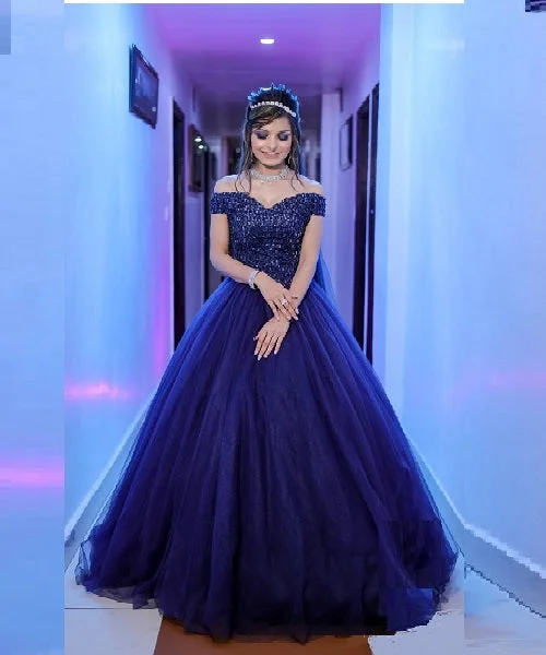 G435, Navy Blue Semi Off Shoulder Ball Gown, Size (XS-30 to XL-35)