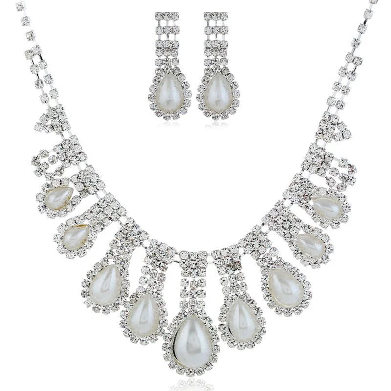 Good Quality Women Rhinestone Drop Shape Imitation Pearl Necklace Earrings Set