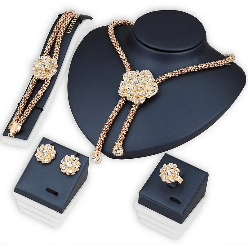 Luxury Lady Golden Plated Chain Rhinestone Flower Party Jewelry Set