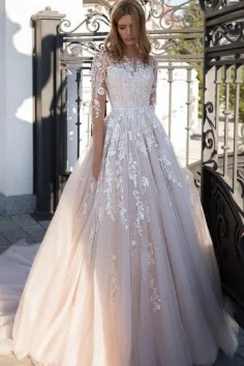 Simple Illusion Jewel A Line Lace Floor-length Long Sleeve Wedding Dress with Appliques