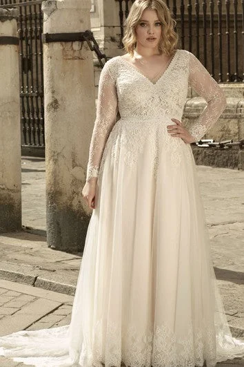 Simple V-neck A Line Wedding Dress with Appliques and Train