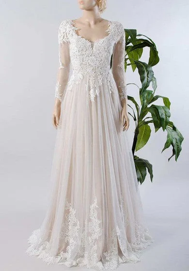 V-Neck Illusion Long Sleeve Lace Appliqued Tulle A-Line Pleated Wedding Dress