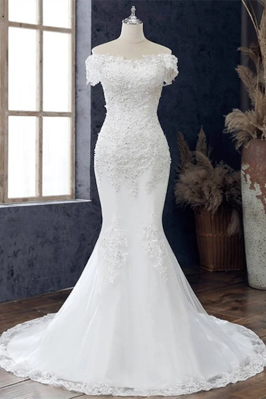 White Floral Lace Off-the-Shoulder Trumpet Wedding Dress